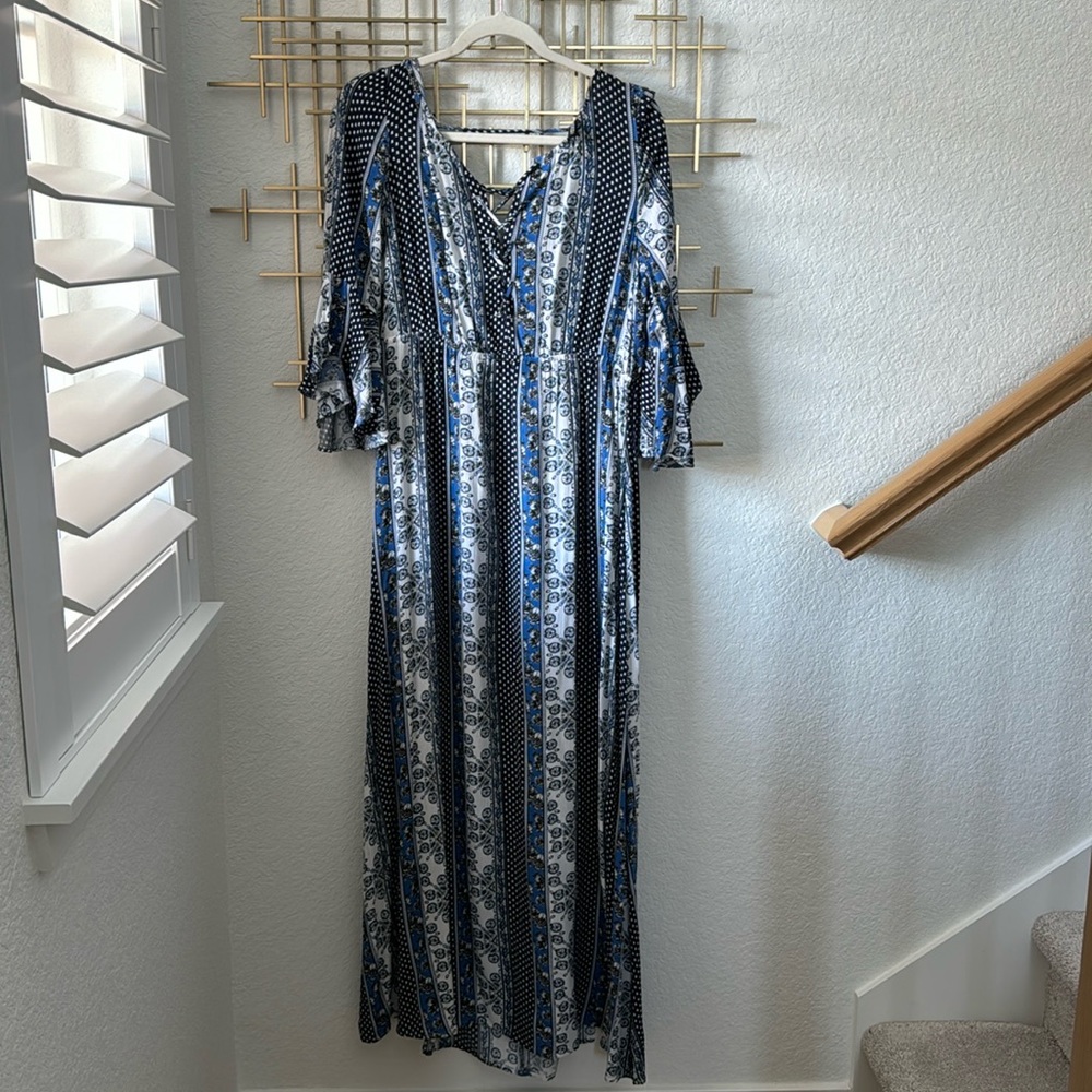 H&M Blue Patchwork Drawstring Detail Bell Sleeve … - image 1